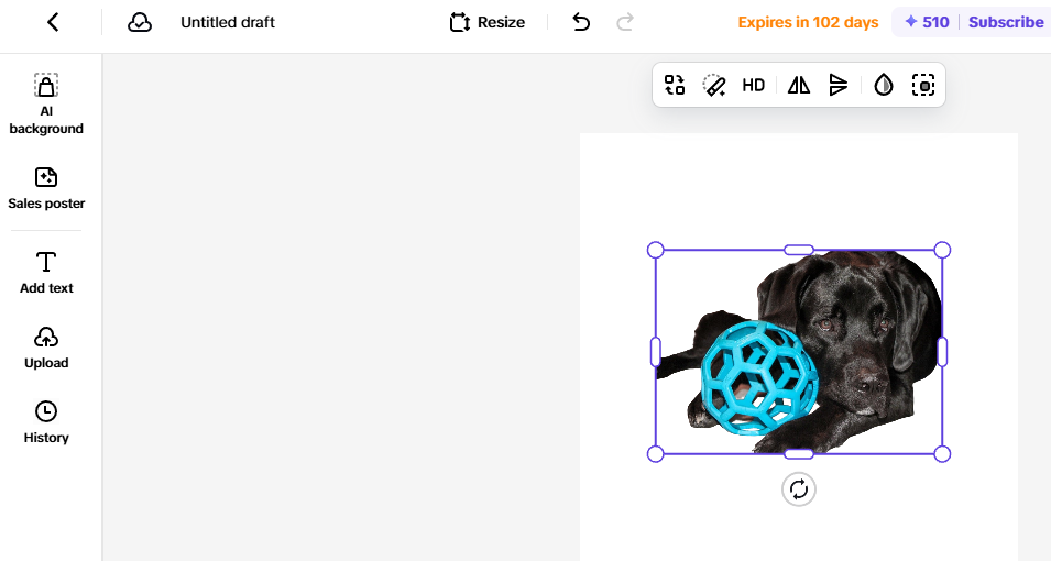 Pippit editing a product image for mobile eCommerce, featuring a black Labrador with a blue dog toy.